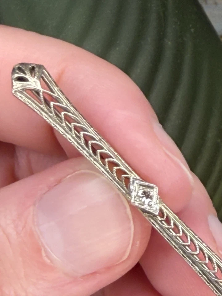 Antique Diamond Art Deco Era Filagree Bar Pin Brooch In 10K White Gold - Image 2 of 4