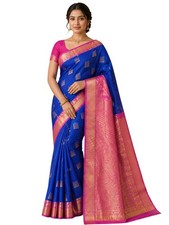 Pure Silk Kanjivaram Handloom Saree Silk Mark Certified Royal Blue Pink Zari