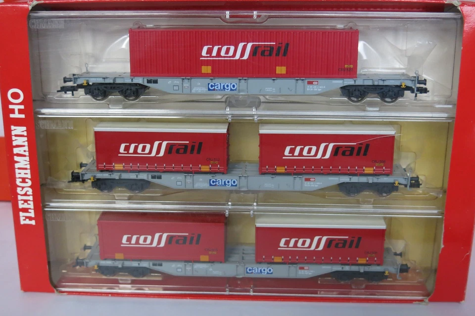 Fleischmann HO 52 4101 Rarität, 3 vierachs.Containertragwg.Sgns crossrail, neuw.
