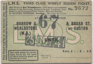 LMS Railway SEASON Ticket HARROW & WEALDSTONE W.O. 3672