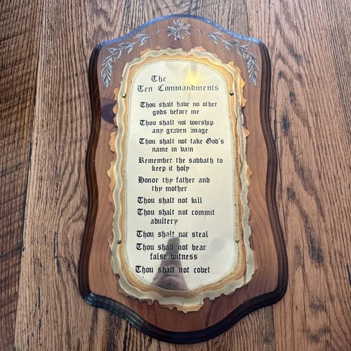 Vintage Brass On Wood Ten Commandments Wall Plaque With Floral Design At Top