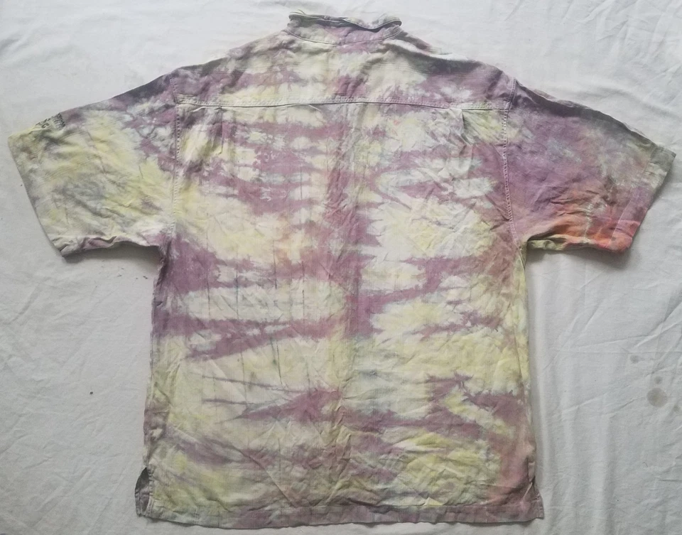 Camisa de seda tie dye amarilla gris a rayas manga corta abotonada - grande hecha a mano Foto 2 de 4