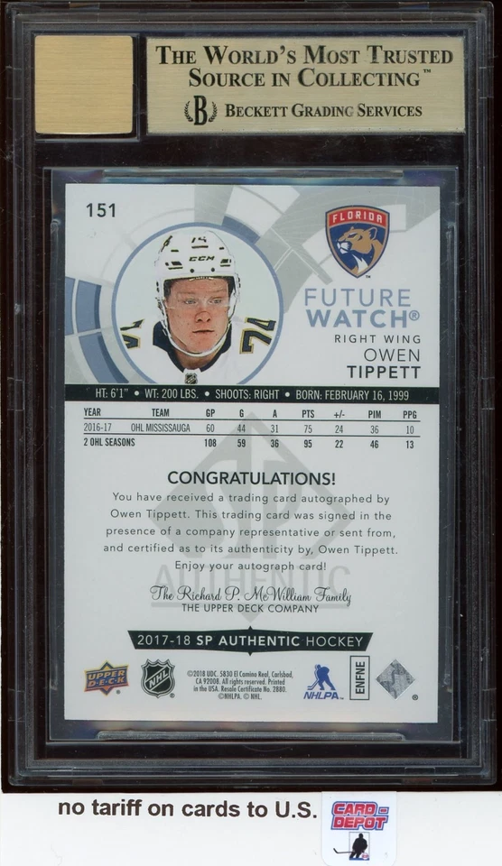 2017-18 SP Authentic Fute Watch #151 Owen Tippett Autograph RC 912/999 BGS 9.5 - Image 2 of 2