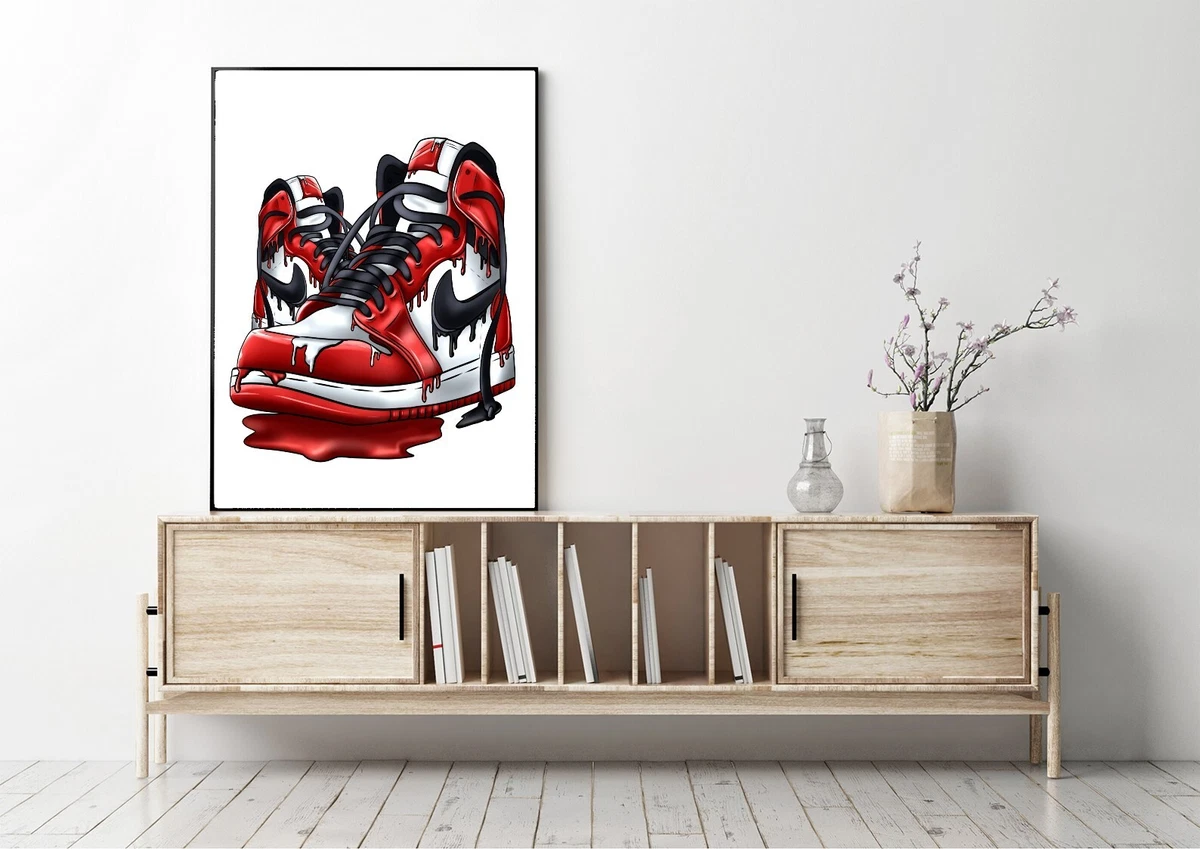 Red Nike air Jordan s dripping trainer print teenage bedroom d cor man cave art