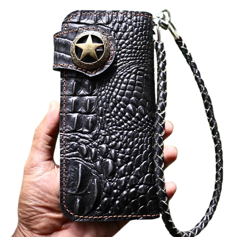 Genuine Black Leather Bifold Wallet for Men Biker Style Handmade Long Card Holder Gift-image