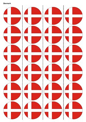 24X VORGESCHNITTENE DÄNEMARK FLAGGE FUSSBALL ESSBAR OBLATENPAPIER, CUPCAKE, KUCHENAUFLEGER 1182