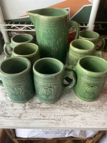 McCoy Pottery Green Grape  Stoneware Water Pitcher 8 1/2" and 8 mugs 1920s
