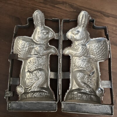 HUGE Antique Hinged Metal Easter Bunny Rabbit Basket Chocolate Candy Mold 16 