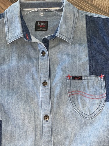 LEE 101+ Blue Denim Chambray Shirt Slim Button Up Colorblock Sanforized Size M - Picture 4 of 12