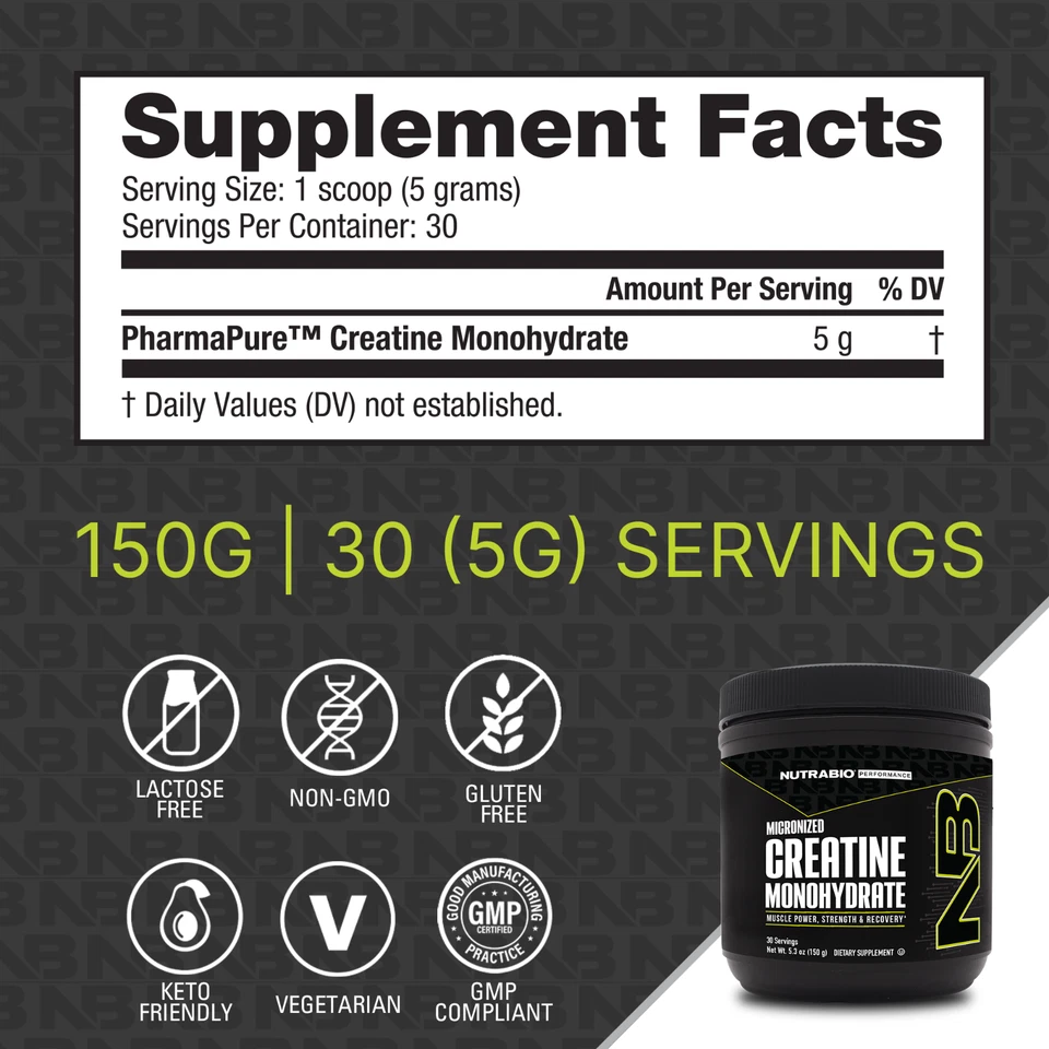 NUTRABIO CREATINE MONOHYDRATE POWDER Micronized Muscle Strength Power 150 Grams - Изображение 2 из 2