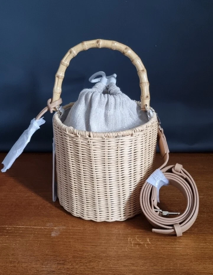 Ted Baker Jayriri Basket Weave Bucket Bag w Crossbody Strap Bamboo Handle Purse