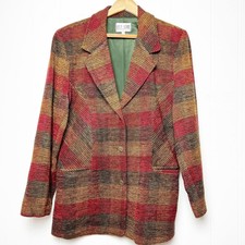 Vintage City Girl Sport Nubby Fall Plaid Long Brass Button Blazer Womens Large