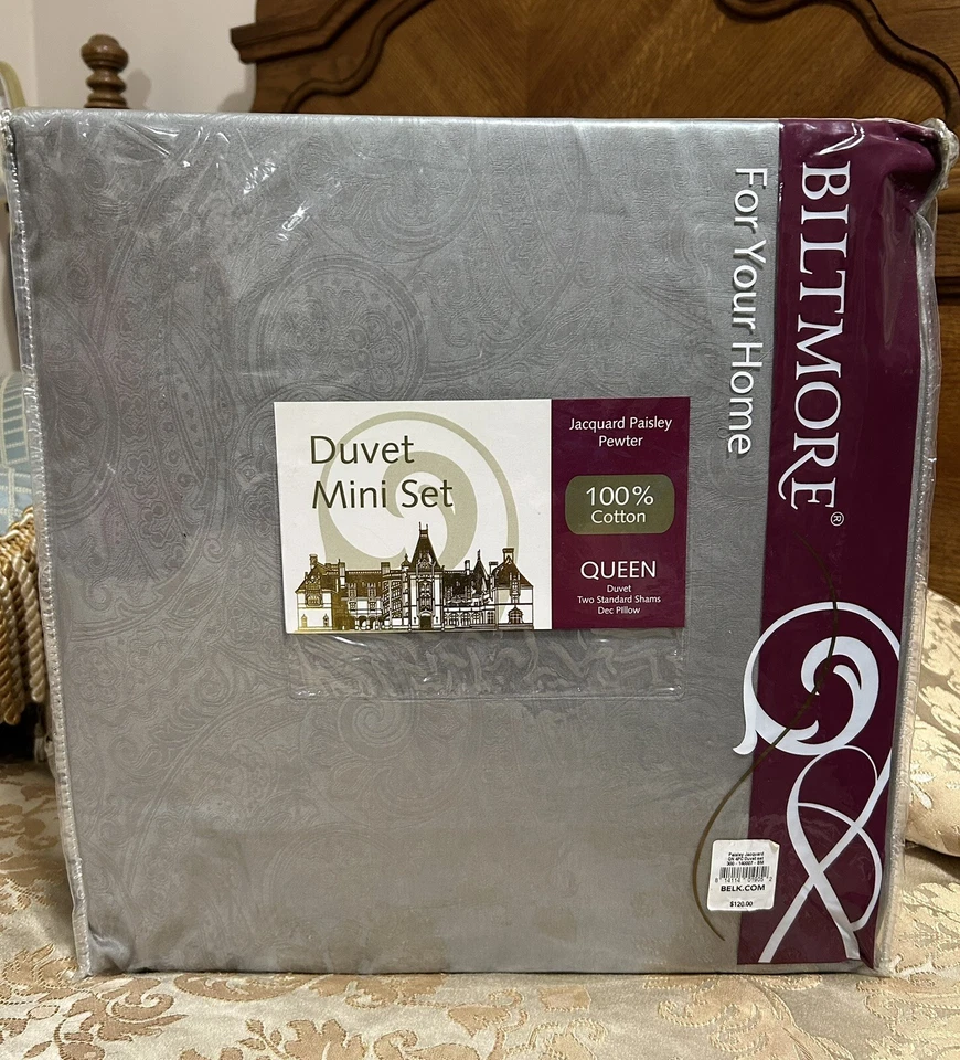 Nuevo Mini Juego de Edredón BILTMORE For Your Home Queen 4 piezas Jacquard Paisley Peltre Foto 2 de 3
