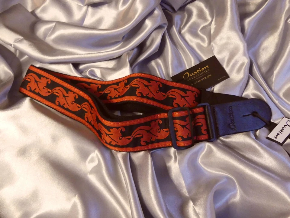 Ovation Guitar Strap Red And Black w/Leather Ends Retro Signature Leaf Design - Image 3 of 4