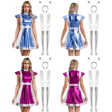 Womens Outfit Shiny Alien Costume Metallic Uniform Halloween Hair Hoop Space