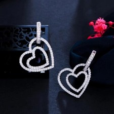 Lab Created Diamond 14K White Gold Plated Double Heart Shaped Hoop Earrings