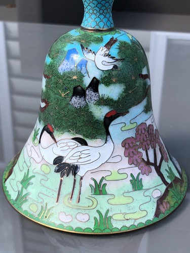 Vintage Chinese Cloisonne Bell with Red-Crowned Crane Birds 6-1/2" tall - Picture 2 of 8