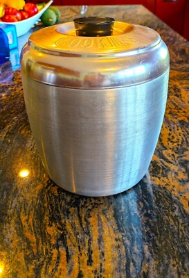KROMEX VINTAGE COOKIE JAR, SPUN ALUMINUM WITH ROSE COPPER TOP