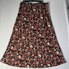 Black Paisley Floral A-Line silky Midi Skirt LOFT size Large Elastic Waist