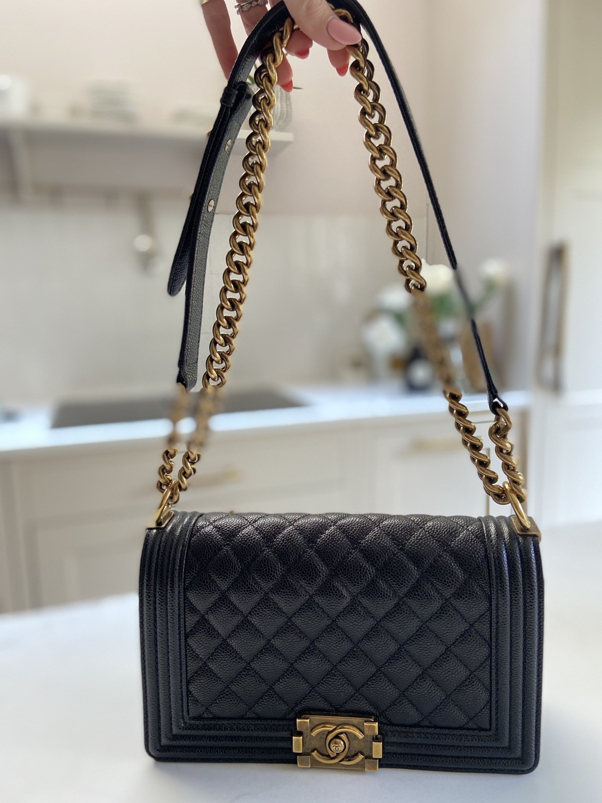 Chanel Boy Bag – Old Medium – Black Caviar Leather – Antique Gold Hard Wear