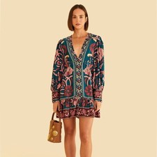 NEW FARM Rio Seashell Tapestry Teal Long Sleeve Mini Dress Floral Beaded Size M