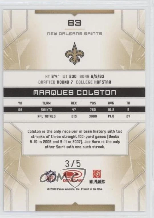 2009 Donruss Limited Gold Spotlight /5 Marques Colston #63 - Image 2 of 2