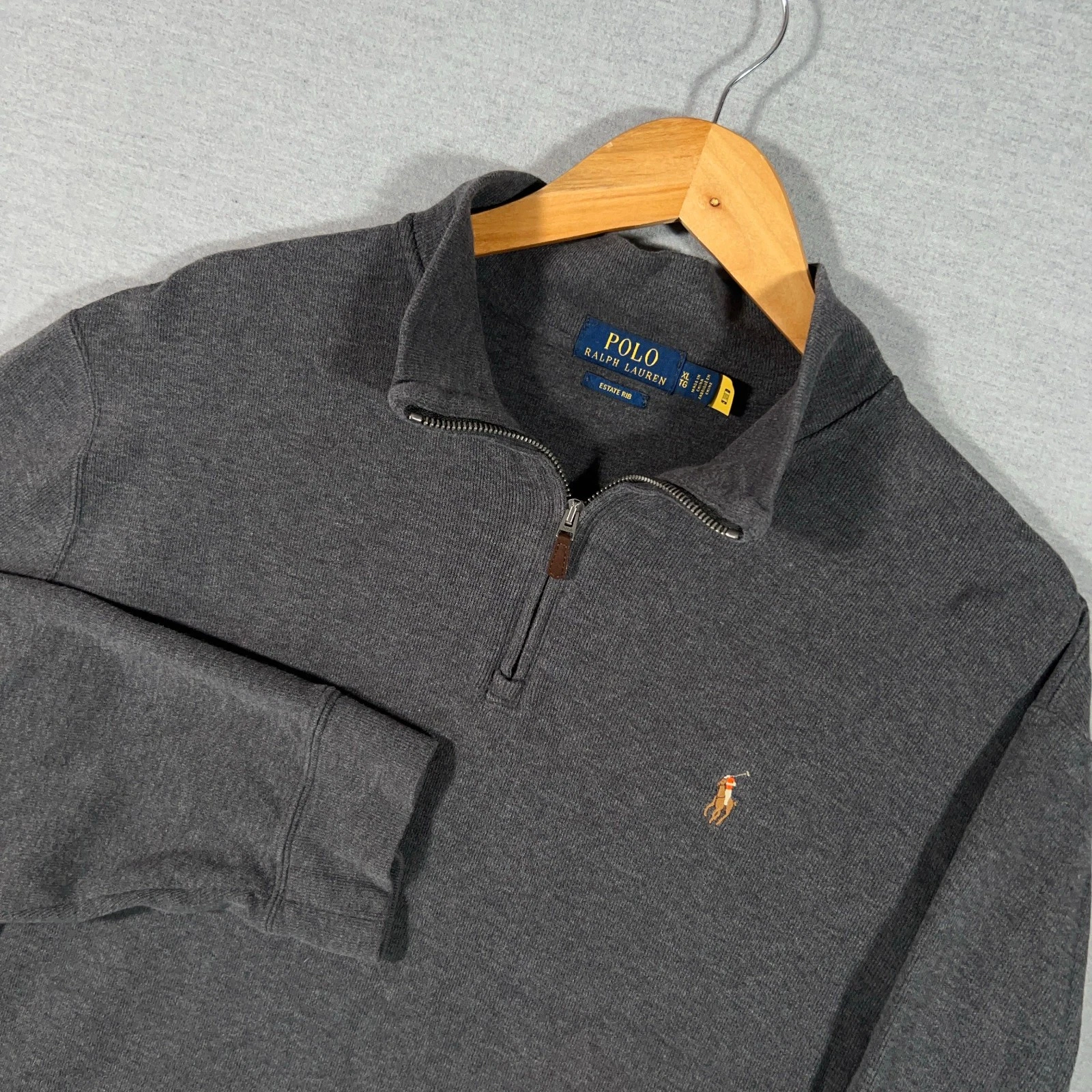 Polo Ralph Lauren Sweater Mens XL Gray 1/4 Zip Pullover Estate Rib Flesh Pony