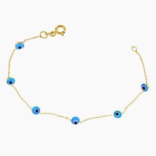 14K Solid Yellow Gold Dainty Evil Eye Protection Link Bracelet 6.5