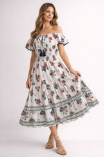 Tory Burch Meadow Folly Dress Womens SP Floral Smocked Off Shoulder Midi Cotton