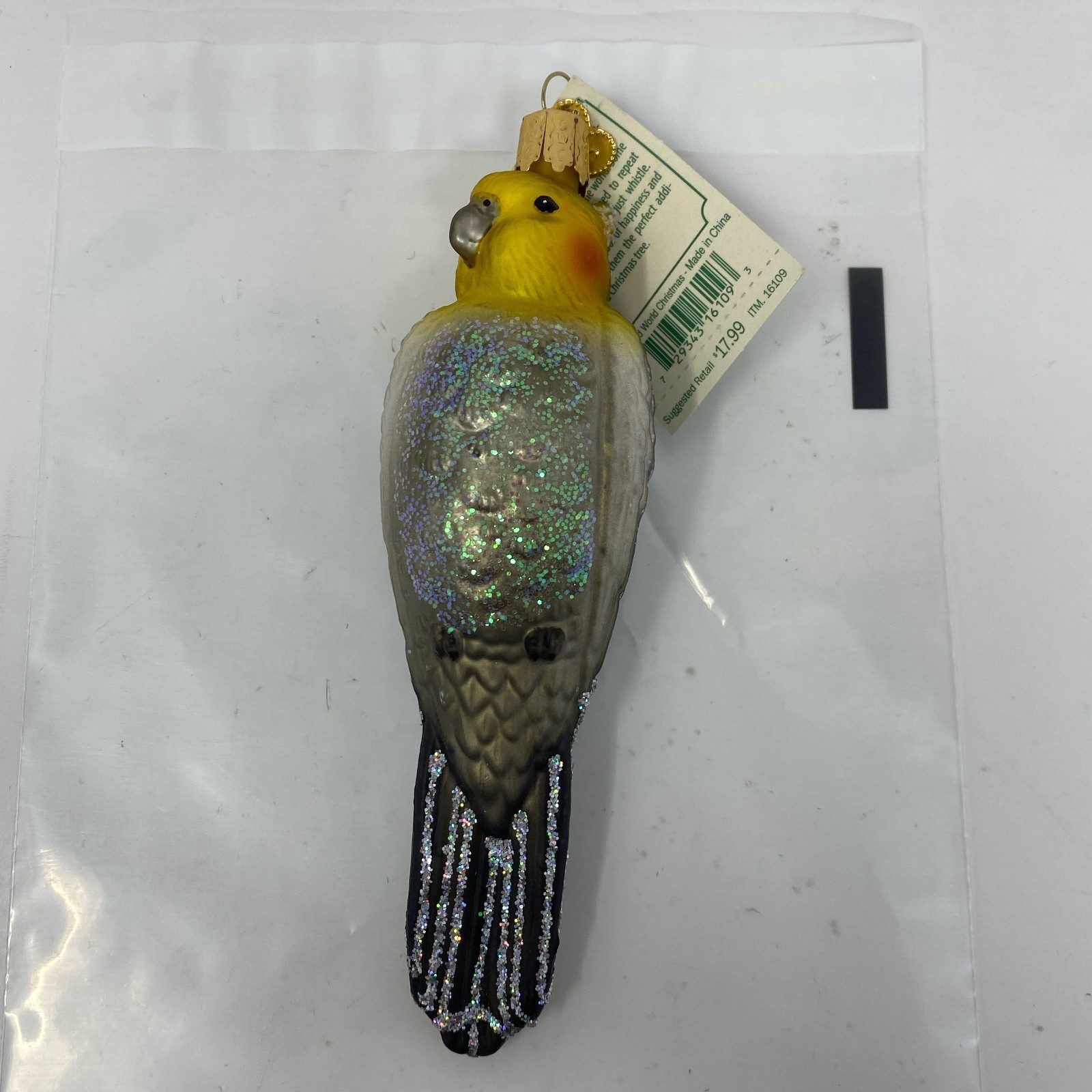 Old World Christmas Cockatiel Glass Ornament, Grey/Yellow, 5.75in