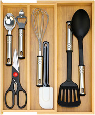 Large Bamboo Kitchen Utensil Drawer Organizer Expandable Silverware Tray Big C