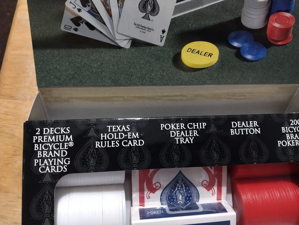 Bicycle Poker & Dealer Set  2 Decks Cards 200 Poker Chips NEW Box is worn some  - Image 4 of 4