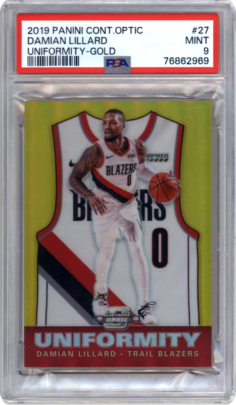 2019-20 Panini Contenders Optic Uniformity Gold Prizm Damian Lillard #27 PSA 9