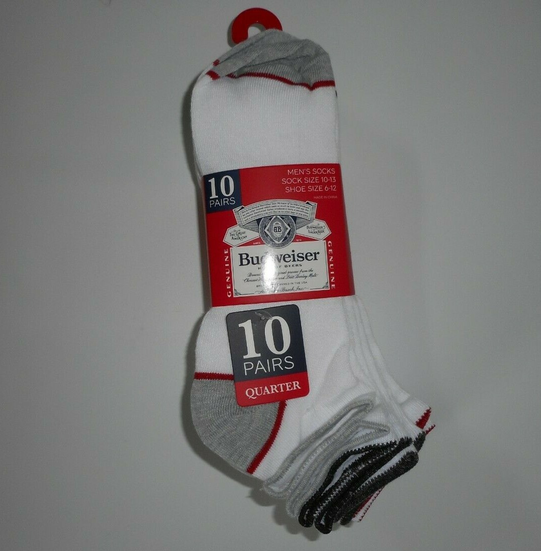 BUDWEISER King Of Beers 10 pares de calcetines blancos cuarto para hombre talla 10 - 13 NUEVOS