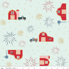 1/4 Yard 9  x42  Riley Blake "Sweet Freedom" Barns Light Blue Metallic July 4th