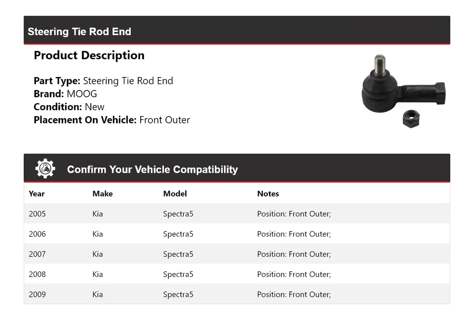 Para Kia Spectra5 2005-2009 extremo de barra de dirección delantero exterior MOOG 2005 2006 2007 Foto 2 de 4