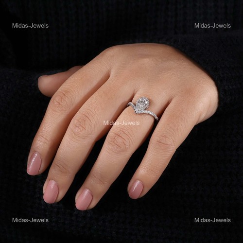 Womens day Sale 14K White Gold April Birth Pear Diamond Gemstone Boho Halo Ring - Picture 8 of 12