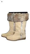COACH Deeann Camel Tan Suede Buckle Boot Rabbit Fur Trim Wo's 8.5B Belted A7294