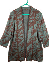 Misook Travel Knit Jacket Open Front Cardigan Green Brown Grommet Print Large