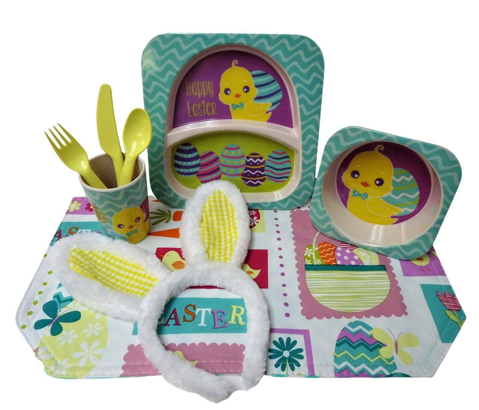 Kids 6 Piece Easter Dinnerware Gift Set Placemat Bunny Ears Gift Boxed