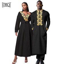 African Clothing for Couple Men Robe Pants Suit V Neck Ankle Length Women Dress