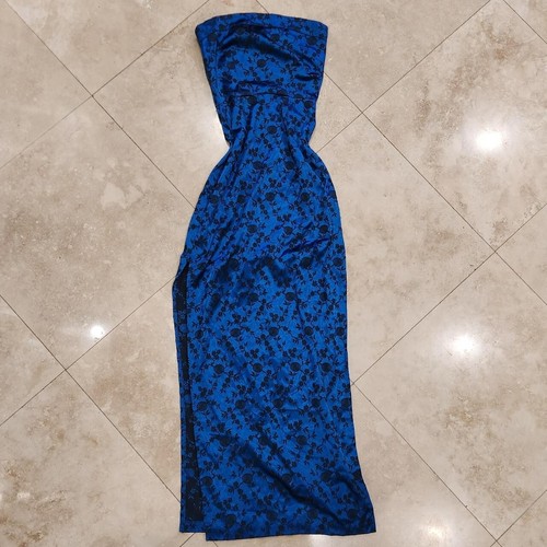 Rare L.A. Glo VTG 90s Blue Black Velvet Floral Prom Formal Dress 2 Split Sz 3/4