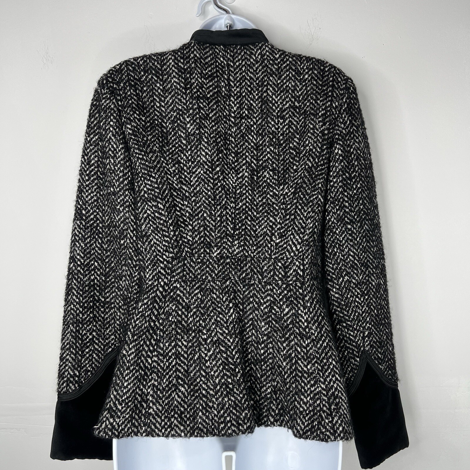Anna Sui Wool Velour Hem Blazer Size 6 Stand Up Collar Black White Quiet Luxury image 7