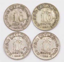 Ceylon 10 cents silver coins 1919 1927 and 2x1928 4-coins