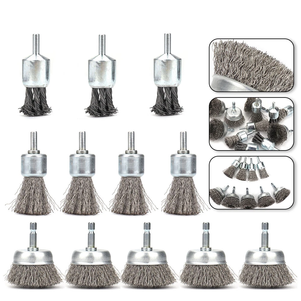 12Pcs Wire Brush 3 Types Cup Flat End Brushes Wheel 6mm Shank for
