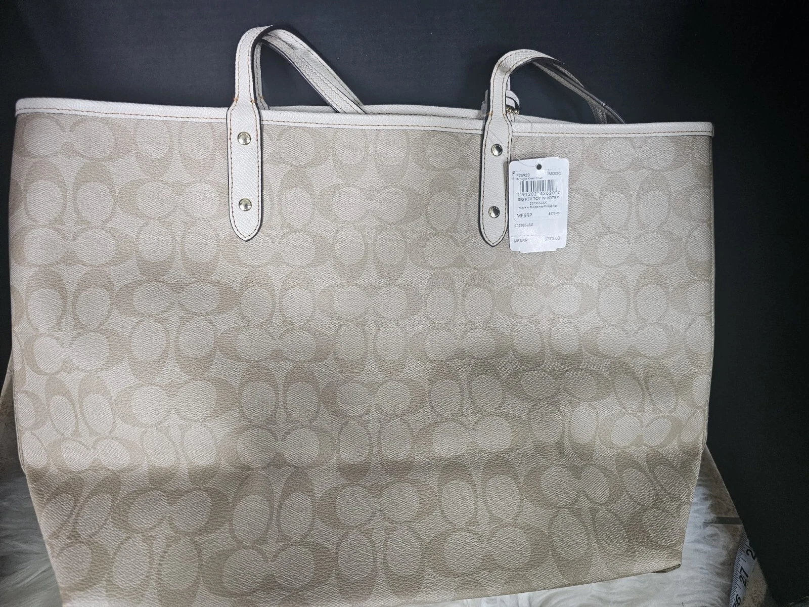 Borsa Coach Signature reversibile città tote bag donna tela gesso kaki chiaro F58327