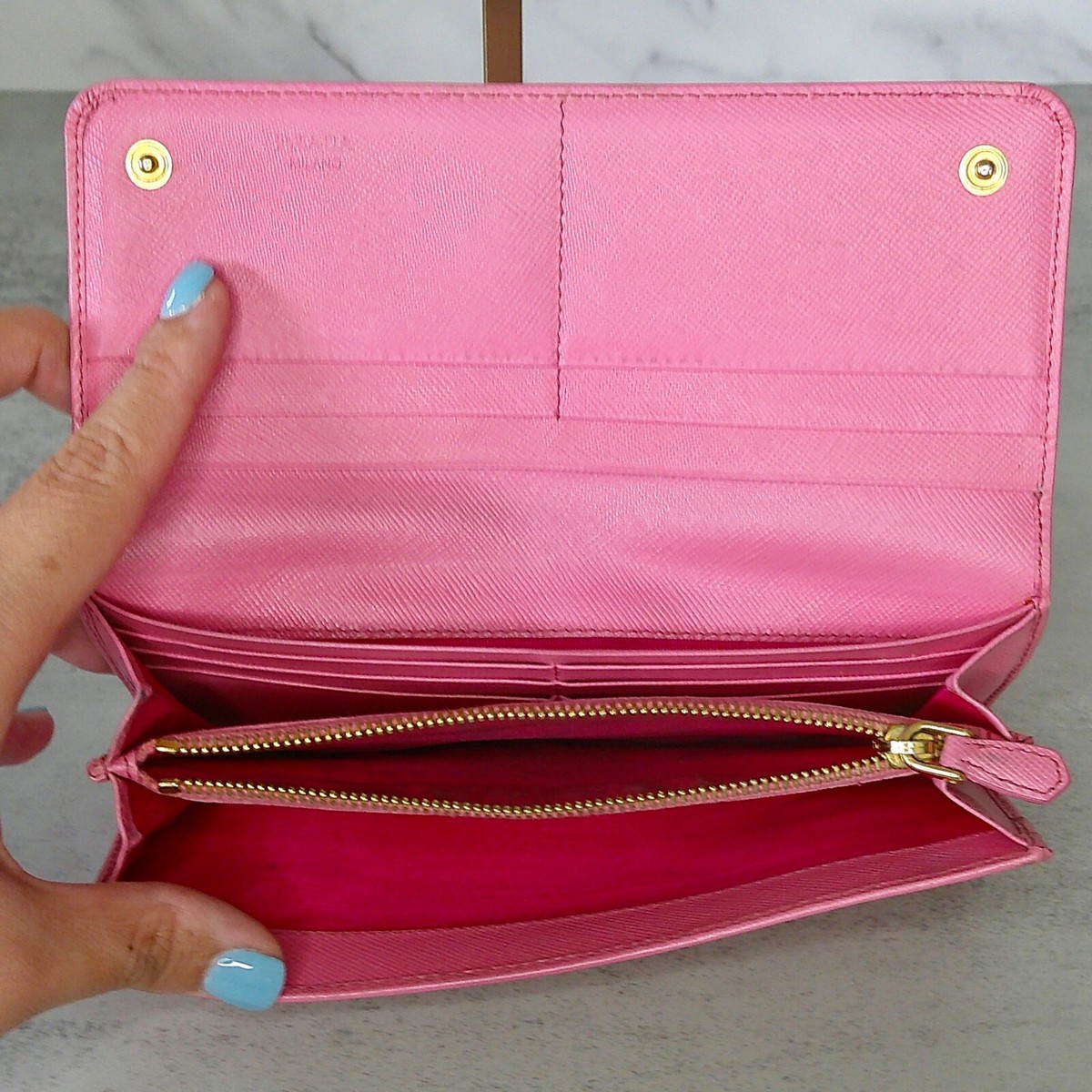 Prada Saffiano Leather Double Snap Long Wallet Pink, COA  display picture 1