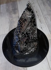 Happy Halloween Witch Hat - Black/Silver Spiderwebs NEW