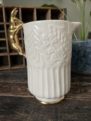 Anthropologie Dorina White Utensil Holder Gold Rabbit Handle Pitcher Vase
