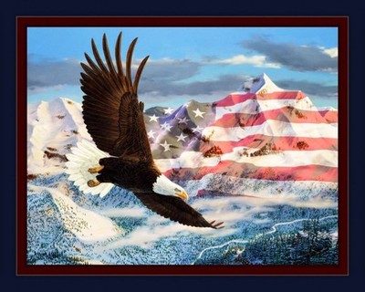 Patriotic Height of Freedom Eagle Flag Quilt Top Wall Hanging Panel Fabric